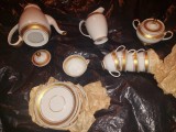 SERVICI (cescute)Cafea vintage Portelan ORIGINAL RAR,Servici AURIT cafea PORCELAINE MANUFACTURES MOGA hand made and Hand painted in ROMANIA-Mirela D.