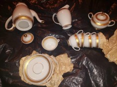 SERVICI (cescute)Cafea vintage Portelan ORIGINAL RAR,Servici AURIT cafea PORCELAINE MANUFACTURES MOGA hand made and Hand painted in ROMANIA-Mirela D.