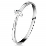 Inel din aur alb 14K - diamant transparent &icirc;ntr-o montură &icirc;n două puncte, brațe &icirc;nguste - Marime inel: 59