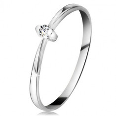 Inel din aur alb 14K - diamant transparent într-o montură în două puncte, brațe înguste - Marime inel: 52