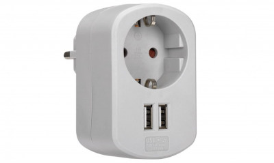 Adaptor SIMON, Adaptor de calatorie cu priza Schuko de 16A si 2 mufe USB, Adaptor de alimentare pentru incarcare de perete, USB Thief - RESIGILAT foto