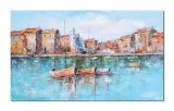 Cumpara ieftin Tablou impasto peisaj cu veliere in port pictat manual, 100x60cm ulei pe panza in cutit efect 3D, Valentin Pop