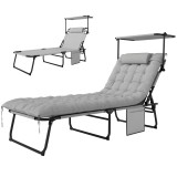 Outsunny Șezlong pliabil cu copertină și saltea, șezlong cu spătar reglabil &icirc;n 4 poziții, gri deschis | Aosom Romania