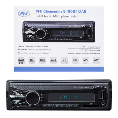 DAB si RDS radio MP3 player auto PNI Clementine 8480BT 4x45w, 12/24V, 1 DIN, cu SD, USB, AUX, RCA, Bluetooth si USB 1.5A pentru incarcare telefon PNI- foto