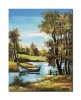 Tablou pictat manual, Peisaj din natura cu barca, oaza de liniste, 45x35cm pictura ulei pe panza