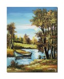 Cumpara ieftin Tablou pictat manual, Peisaj din natura cu barca, oaza de liniste, 45x35cm pictura ulei pe panza