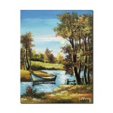 Tablou pictat manual, Peisaj din natura cu barca, oaza de liniste, 45x35cm pictura ulei pe panza