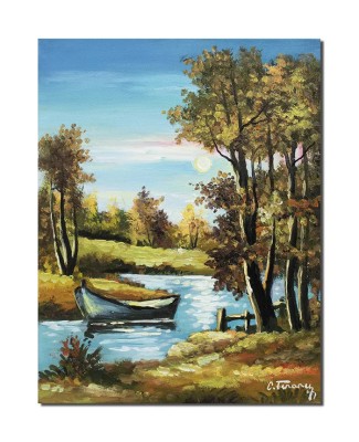 Tablou pictat manual, Peisaj din natura cu barca, oaza de liniste, 45x35cm pictura ulei pe panza foto