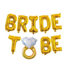 Set Baloane din Folie Metalizata, Cyrax, Model Bride to Be cu Inel de Logodna, Litere de 40 cm, Baloane Party, Ambalaj Individual, Pai Inclus, Umflare