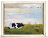Vaca pe islaz - pictura originala, vopsea acrilica pe panza, cu rama de lemn, 34 x 28 cm