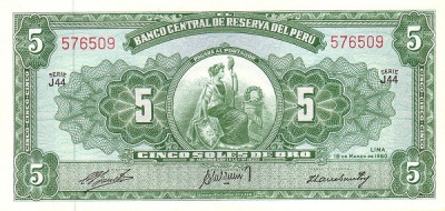 Peru 5 Soles de oro 18.03.1960 - P-76 UNC !!! foto