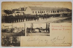 FAGARAS ,1899 PARADA MILITARA , CAZARMA , CASTELUL , MOARA DE HARTIE , CARTE POSTALA ILUSTRATA , MONTAJ CU PATRU FOTOGRAFII , CLASICA