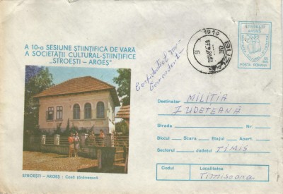 Romania, Stroesti-Arges, Casa taraneasca, plic circulat 1, 1981 foto
