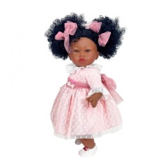 Papusa Nines D&#039;Onil Addis Afro cu rochie roz plumeti si miros de vanilie 45 cm
