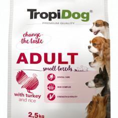 Hrana uscata pentru caini TropiDog, Premium Adult, tale mica, curcan & orez, 2.5kg AnimaPet MegaFood