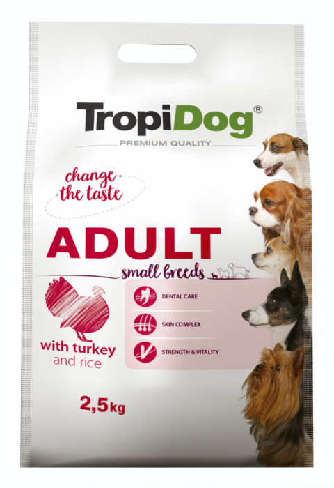 Hrana uscata pentru caini TropiDog, Premium Adult, tale mica, curcan &amp; orez, 2.5kg AnimaPet MegaFood