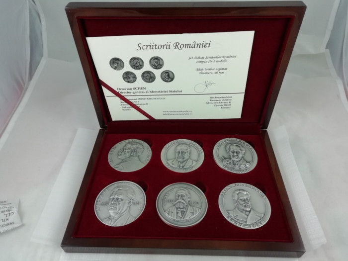 Set 6 Medalioane &bdquo;Scriitorii Rom&acirc;niei&rdquo; Caragiale Creangă Sadoveanu Hasdeu