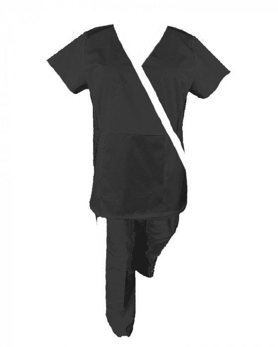 Costum Medical Pe Stil, negru cu Elastan cu Garnitură alb si pantaloni cu dungă alb, Model Marinela - S, XL