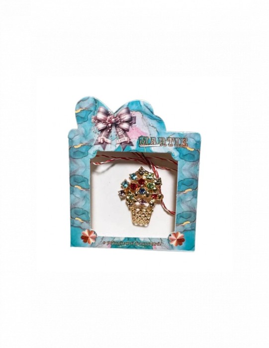 Martisor tip brosa cu model ghivecel de floricele colorate pentru 1 si 8 martie