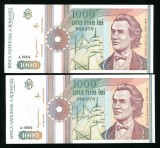 q548 PERECHE CONSECUTIVA 1000 LEI 1991 serie fara punct NECIRCULATA UNC