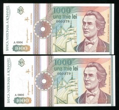 q548 PERECHE CONSECUTIVA 1000 LEI 1991 serie fara punct NECIRCULATA UNC