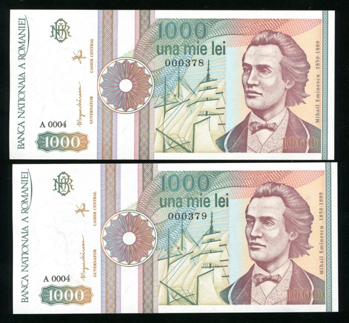 q548 PERECHE CONSECUTIVA 1000 LEI 1991 serie fara punct NECIRCULATA UNC
