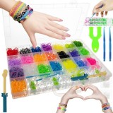 Kit de confectionare bratari, 22 culori benzi de cauciuc, 4400 piese, crosete, carlige, razboi de cusut, 34x25x4 cm, Multicolor