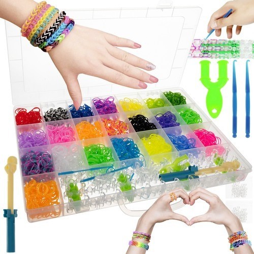 Kit de confectionare bratari, 22 culori benzi de cauciuc, 4400 piese, crosete, carlige, razboi de cusut, 34x25x4 cm, Multicolor