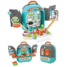Set ghiozdan jucarie 3 in 1 Rovo 996 &ndash; Bucatarie si Apartament, 86 piese, Albastru