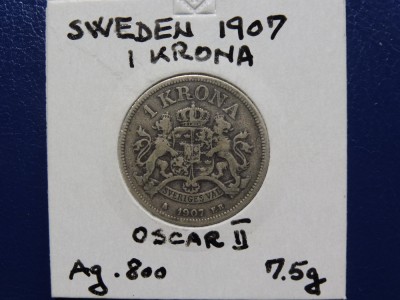 Suedia 1 Krona 1907 - OSCAR II Argint (148) foto