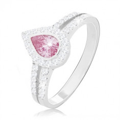 Inel de logodnă din argint 925, lacrimă roz în mijlocul celor două linii cu zirconii - Marime inel: 66