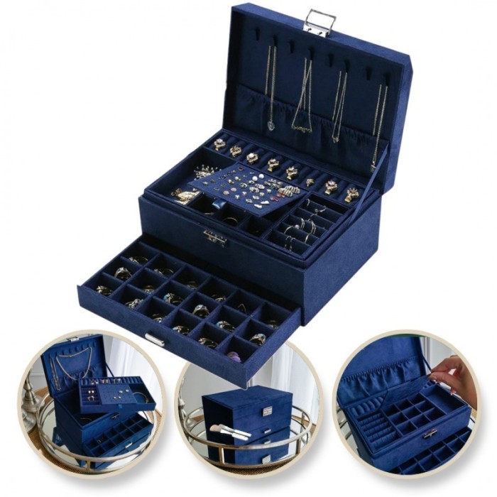 Cutie de bijuterii, caseta organizator albastru, multiple compartimente, Jollymag, PD119GRAN