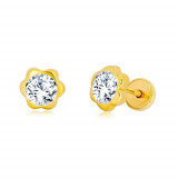 Cercei din aur galben 585 - floare, zirconiu strălucitor &icirc;n centru, &icirc;nchidere de tip fluturaș