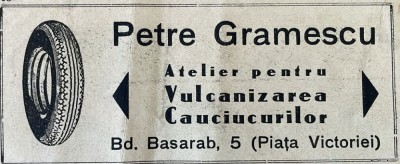 1931 Reclamă rom&amp;acirc;nească Atelier Vulcanizare PETRE GRĂMESCU București interbelic Bd. Basarab Nr 5 Piata Victoriei cauciucuri auto masini mestesug foto