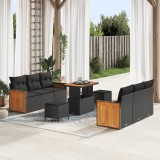 Set Canapea Grădină vidaXL cu 9 Piese și Perne Negre Ratan Poli Acacia, Canapea Grădină vidaXL pentru 2 Persoane cu Perne Negre Ratan Poli, Set de Din