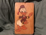 Pirogravura pentru perete in stil retro perioada comunista realizata manual personaj desene animate Donald Duck !