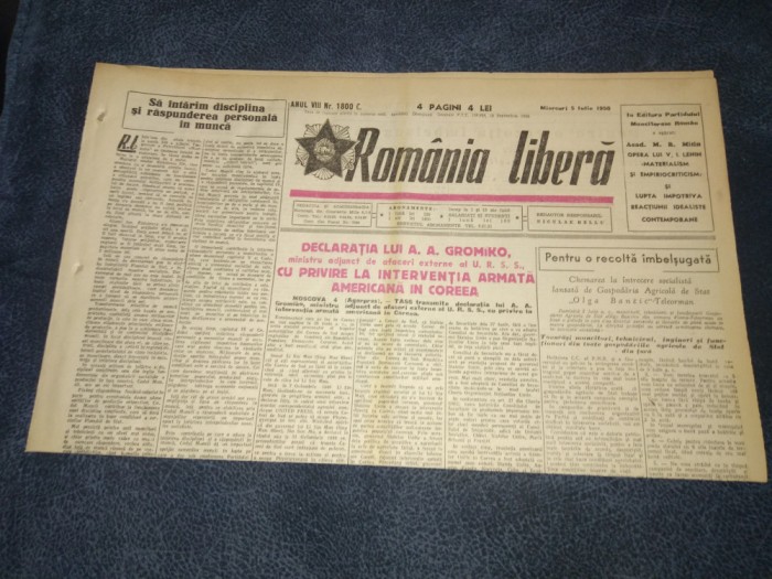 ZIARUL ROMANIA LIBERA 5 IULIE 1950 RAZBOI COREEA SENTINTA PROCES SPIONI