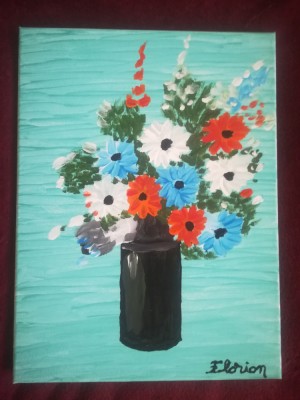 TABLOU PE PANZA CU SASIU NOU 30X40 CM VAS CU FLORI PRET DOAR 10 LEI foto