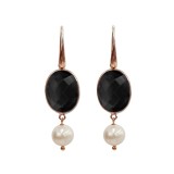Cumpara ieftin Cercei argint 925 placat aur roz cu agat negru si perle de cultura Crown, 4cm, Made in Italy. Cutie cadou inclusa