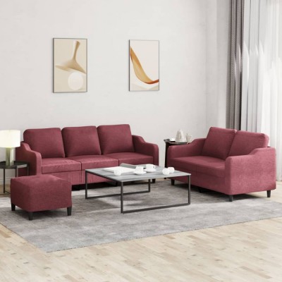 Set canapea cu perne, 3 piese, roșu vin, material textil foto