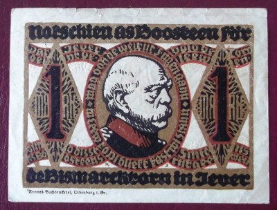 Germania notgeld 1 mark Jever Bismarck Tower ** foto