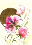 E99. Tablou original, Flori roz aurii, acuarela pe hartie, neinramat, 21x29 cm, Art Deco, RavariuArt