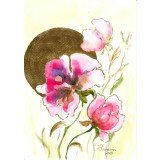 E99. Tablou original, Flori roz aurii, acuarela pe hartie, neinramat, 21x29 cm