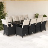 Set bistro de grădină, 11 piese, cu perne, negru, poliratan