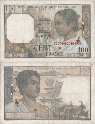 1963 , 100 francs ( P-3b.2 ) - Insulele Comore foto