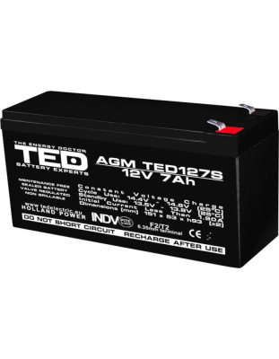 Acumulator 12V, TED Electric Stationar VRLA, Dimensiuni 149 x 49 x 95 mm, Baterie 12V 7Ah F2 foto