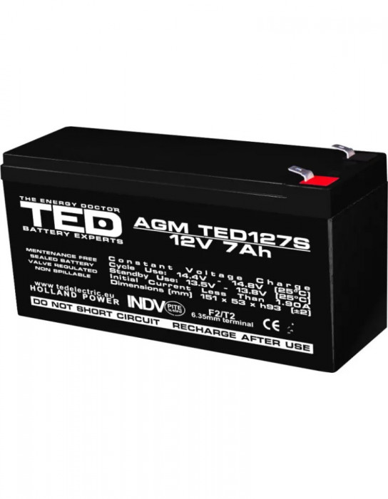 Acumulator 12V, TED Electric Stationar VRLA, Dimensiuni 149 x 49 x 95 mm, Baterie 12V 7Ah F2