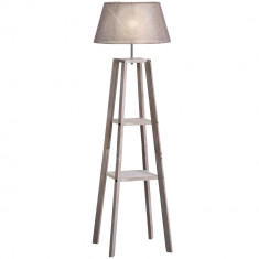 HOMCOM Lampadar din Lemn cu Raft si Abajur din Tesatura, Design Modern pentru Salon, Intrerupator de Picior, 64x38x163.5 cm, Gri | Aosom Romania