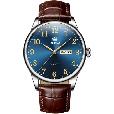 Ceas barbati Olevs Quartz Elegant Analog Indici Luminosi Data Piele naturala Maro foto