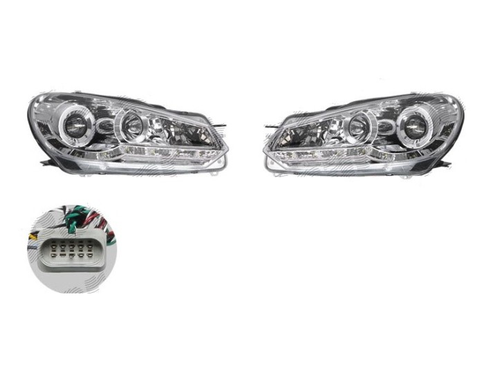 Set faruri tuning VW GOLF 6 (5K), 10.2008-, Taiwan, partea stanga+dreapta, pozitie pe LED;tip bec H1+H1; electric; transparent, argintiu; cu motor;